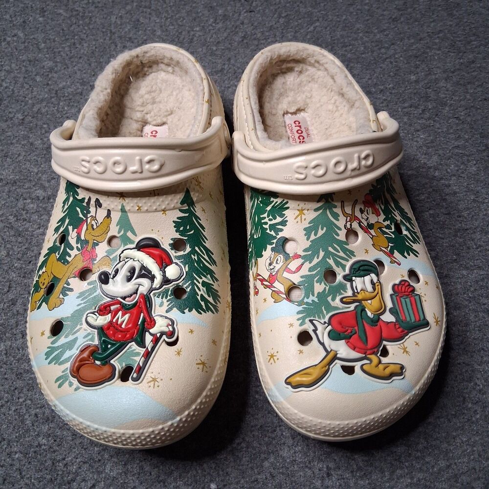 Disney Parks Christmas Holiday Lined Crocs Mickey Donald Duck White Sz W8 M6